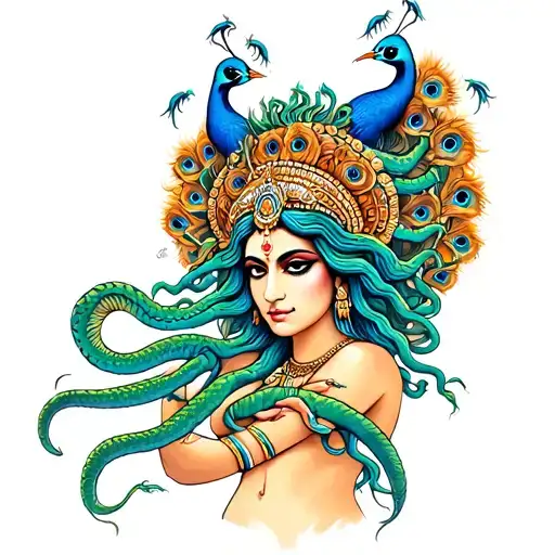 A tattoo of Medusa but she's an indian goddess, the snakes on her head are peacocks, and she has 6 arms tattoo design idea