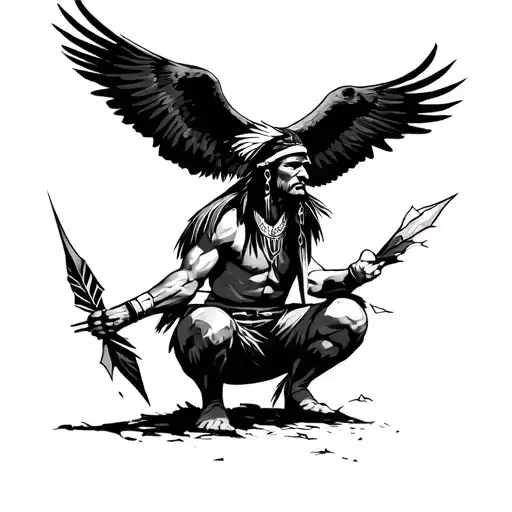 A crouching Indian with two quivers, a broken arrow in hand, and an eagle soaring above, symbolizing strength and wisdom tattoo design idea
