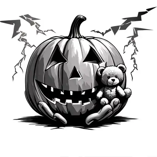pumpkin with thunderstorm with lightning and a teddy bear in hands tattoo design idea