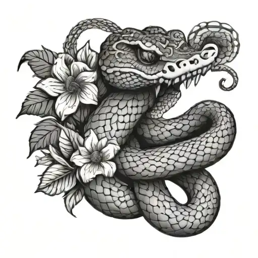 rattlesnake with flowers lineart tattoo tattoo design idea
