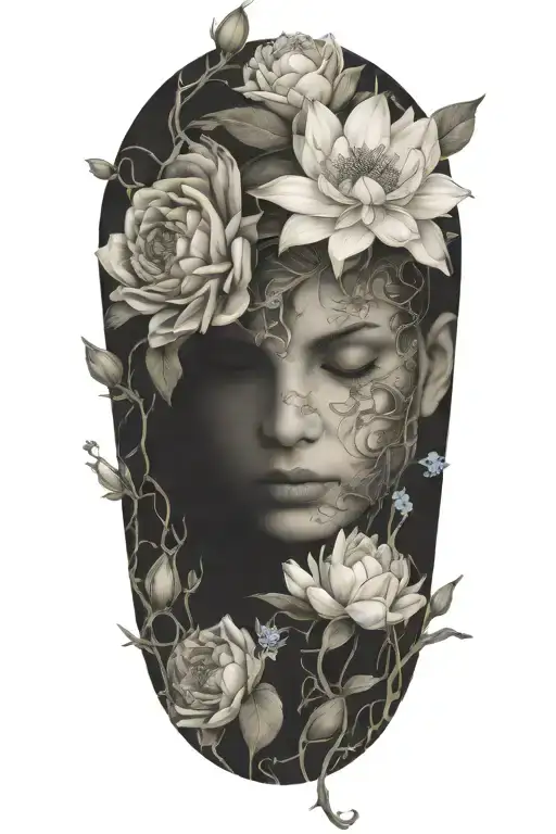 Continuous vine, wrapping, roses, daisies, lotuses, forget me nots, and peonies, simple tattoo design idea