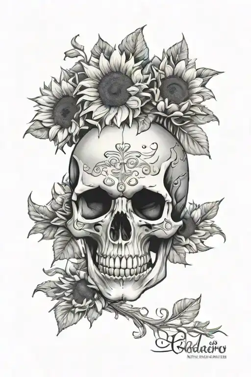 skull and sunflowers wrapping up arm tattoo design idea