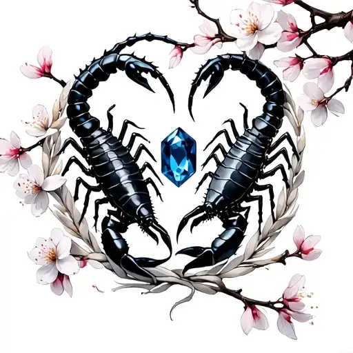 Two black scorpions guarding a sapphire birthstone surrounded by a wreath of cherry blossoms and branches tattoo design idea