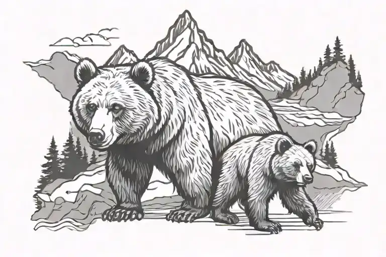 Mama bear and baby bear with mountain inside representing the client's love tattoo design idea