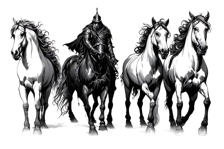 4 horsemen of the apocalypse in black and grey realism tattoo design idea