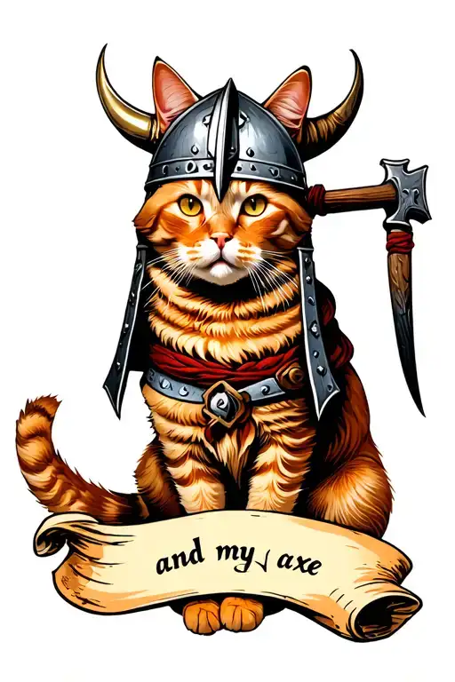 a ginger cat looking slightly to the right wears a Gimli Viking helmet. there is a scroll that reads "and my axe" tattoo design idea