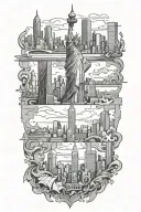 nyc twin towers skyline with statue of libert puzzle piece intertwined tattoo design idea