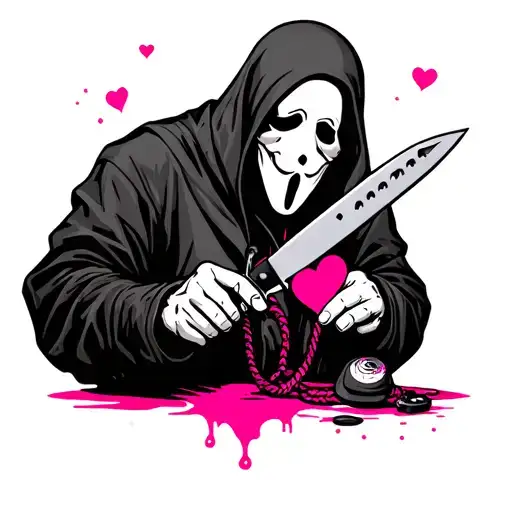 Make me a pink line art ghostface tattoo, holding a knife with pink blood, and a heart shaped phone with the cord making tattoo design idea