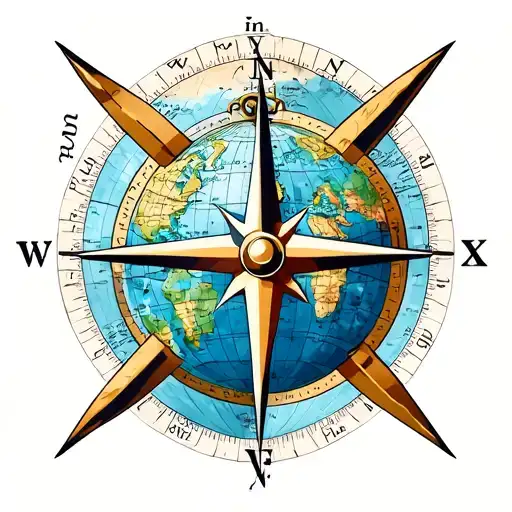 Tattoo design with compass, world globe, wind rose, and map in the background tattoo design idea