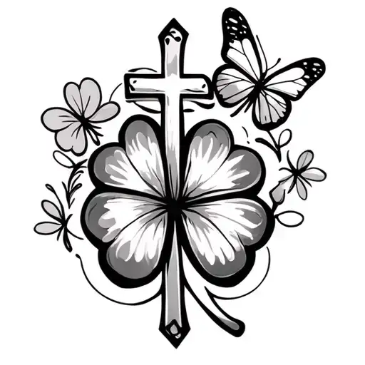 small cross with Shamrock outline and butterfly on the side tattoo design idea