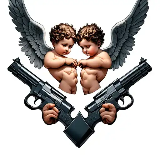 3 cupids holding 3 different guns tattoo design idea