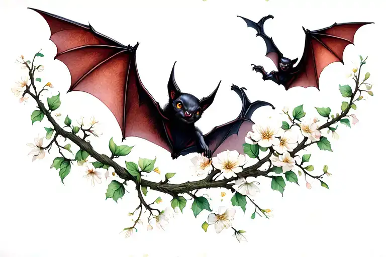 Left Collarbone: A delicate vine with tiny blossoms, interwoven with three minimalist bats in flight.Right Collarbone: tattoo design idea