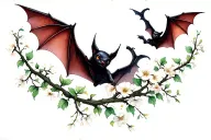 Left Collarbone: A delicate vine with tiny blossoms, interwoven with three minimalist bats in flight.Right Collarbone: tattoo design idea