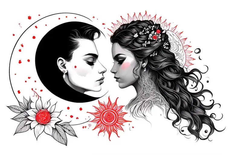 red thread of fate with couples sun and moon complimenting tattoos tattoo design idea