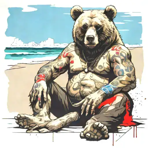 buff Papa Bear Chilling At The Beach With Sunglasses tattoo design idea