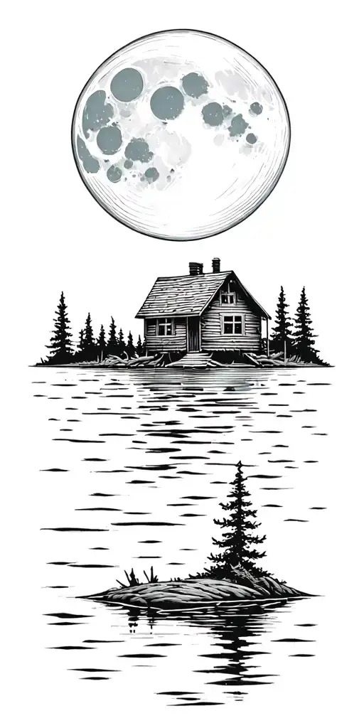 cabin on a lake under a moon tattoo design idea