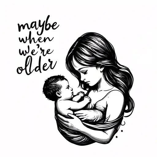"maybe when we're older" woman cradling her wrapped up baby with bold text tattoo design idea