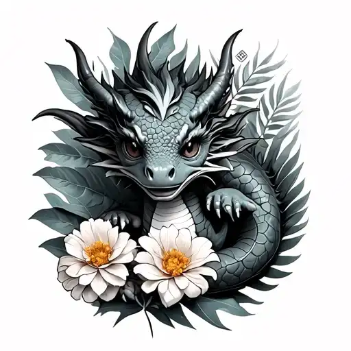 Create an image of baby dragon surrounded with by marigold and monstera with Asian flare tattoo design idea