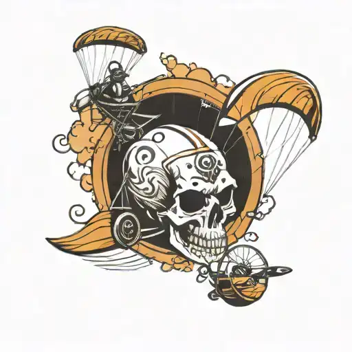 skull and paraglider gliding tattoo design idea
