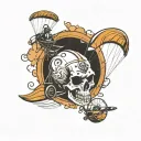 skull and paraglider gliding tattoo design idea