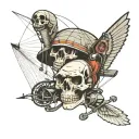 skull and paraglider gliding tattoo design idea