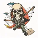 skull and paraglider gliding tattoo design idea