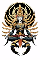 Meditating Monkey King with Scorpion armor and tail wiht Avalokiteshvara-like with scorpion arms on back  tattoo design idea