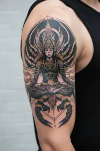 Meditating Monkey King with Scorpion armor and tail wiht Avalokiteshvara-like with scorpion arms on back  tattoo design idea
