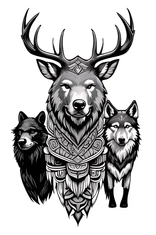 totem pole with deer, bear, raven, wolf, and coyote tattoo design idea