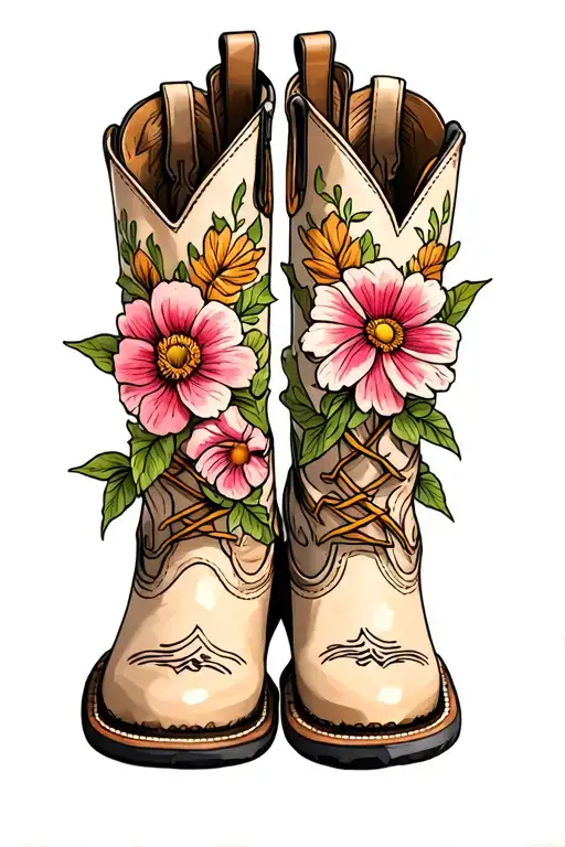 cowgirl boots with birth flower stems coming from boots for april march april june november tattoo design idea