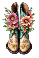 cowgirl boots with birth flower stems coming from boots for april march april june november tattoo design idea