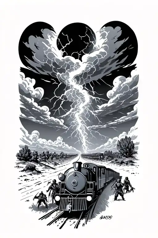 cyberpunk train racing through the desert landscape while cowboys and Indians fight thunderheads fine lines tattoo design idea