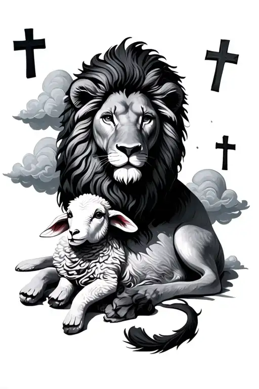 lion laying with lamb 3 crosses and clouds floating tattoo design idea