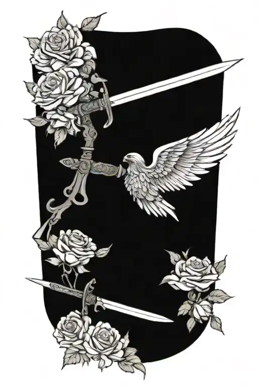 angel wings behind sword, roses tattoo design idea