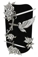 angel wings behind sword, roses tattoo design idea