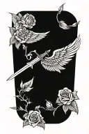 angel wings behind sword, roses tattoo design idea