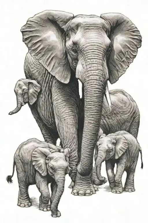 mother elephant with two baby elephants holding trunks tattoo design idea