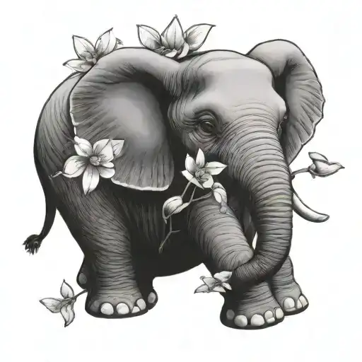 Baby elephant holding a twinflower. a girl on 3 years sits on its back tattoo design idea