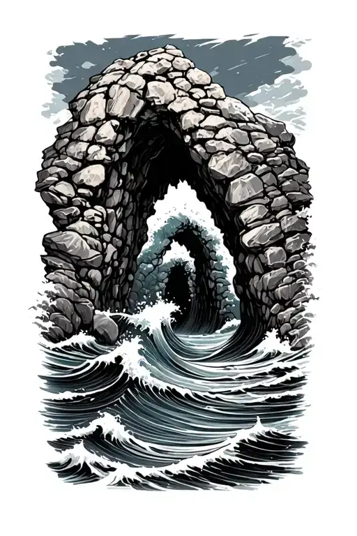 ocean waves crashing around a stone cave tattoo design idea