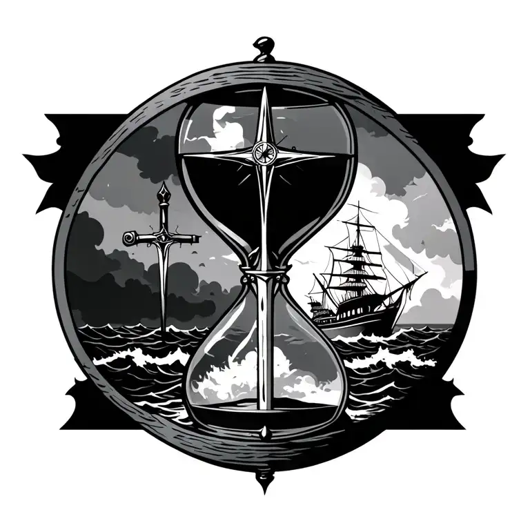 an hourglass with an old battleship on rough seas in the bottom half & a sword, pistol, quill & compass in the top half tattoo design idea