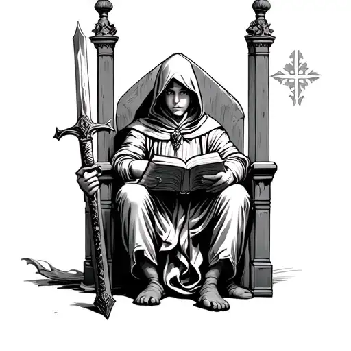 boy in hood sitting on a throne holding open book with sword next to him tattoo design idea