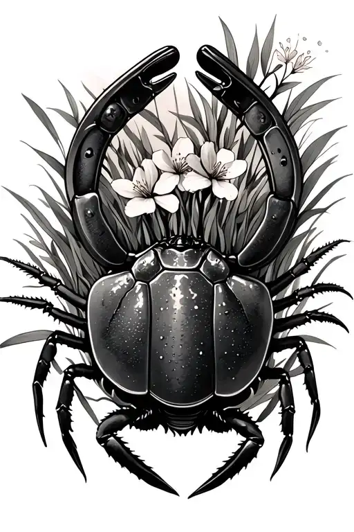 horseshoe crab with peach blossoms and beach grass tattoo design idea