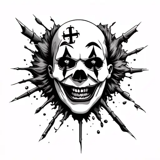 a tattoo of gothic paramedic clown face being ripped open revealing his skull underneath while smiling horrifically  tattoo design idea