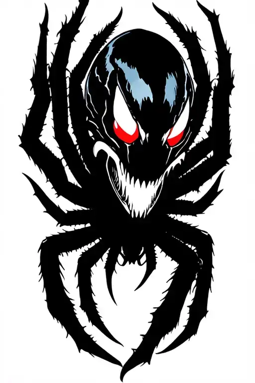Dark blackwork spider, traditional, stylized. Anchored pose implies reflection. Venom's bright red eyes integrate on the tattoo design idea