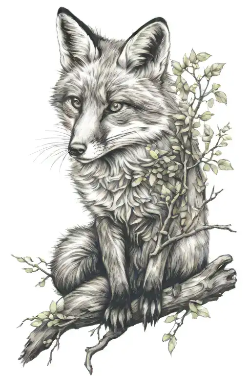 a fox sitting under a tree branch tattoo design idea