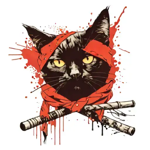 black cat with bandana on head holding drumstick in mouth tattoo design idea