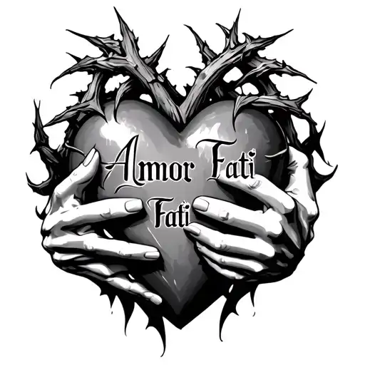 "Amor Fati" Black and grey tattoo of a thorned heart embraced by realistic hands, with 'Amor Fati' elegantly integrated. Fine-line s tattoo design idea