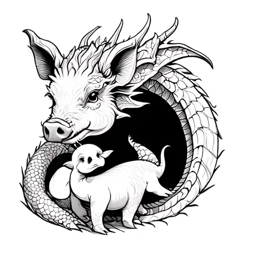 pig and baby dragon tattoo design idea