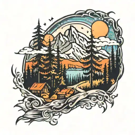 north star mountain path forest fire nighttime  tattoo design idea