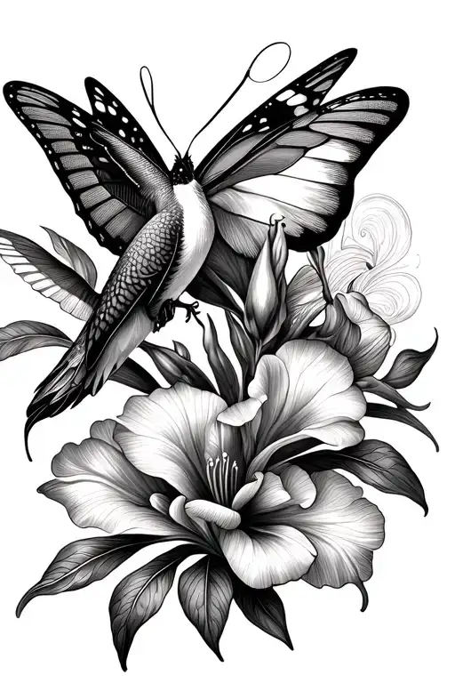 butterfly, hummingbird, gladiolus tattoo design idea